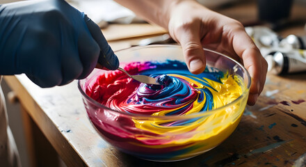 Obraz premium Hands mixing vibrant colored pigments in a container creating fluid artistic textures for creative painting process. Concept art.