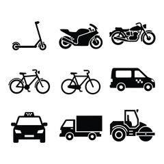 Fototapeta premium Modern transportation icons including scooters, motorcycles, bicycles, and vehicles