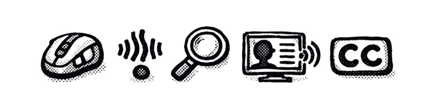 Digital Tools, User Profile Communication, and Accessibility Icons with Mouse, Search, and Closed Captions
