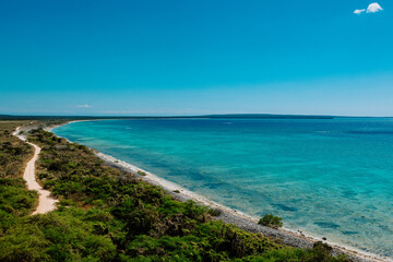 Fototapeta premium Aerial View of Bahia de las Aguilas Crystal Clear Caribbean Coast