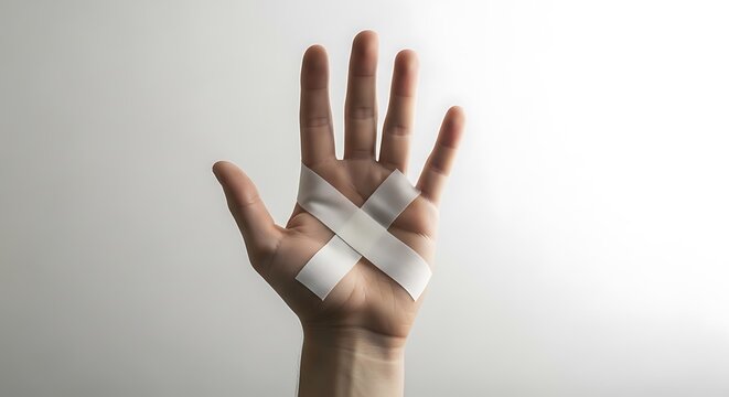 A hand with fingers wrapped in white medical tape on a plain background