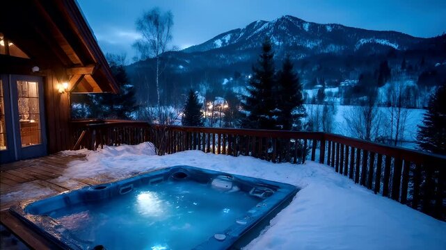 Therapy stress release treatment, health lifestyle. A cabin with a hot tub on a deck covered in snow, illuminated by lights, surrounded by a wooden fence. The cabin has glass doors and windows.