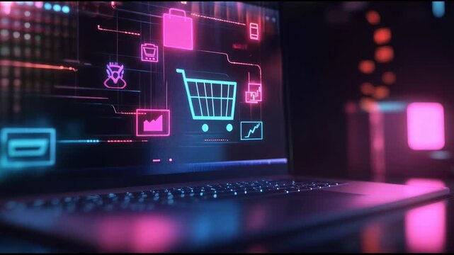 Futuristic online shopping interface featuring e commerce icons like shopping carts, bags, and payment methods on a laptop screen, highlighting digital commerce growth