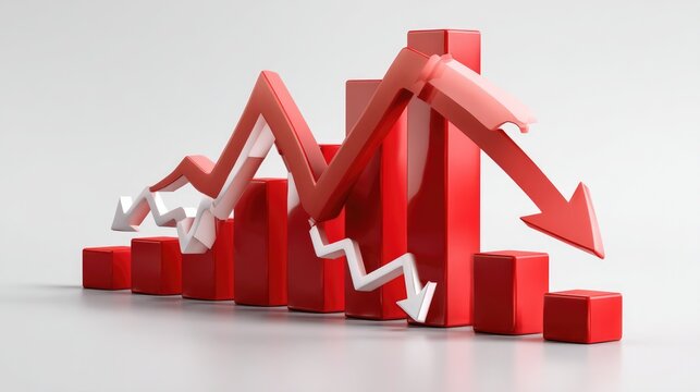 Economic Downturn: A visual representation of economic decline, symbolized by descending red arrows and a collapsing bar graph. The image evokes a sense of financial instability and market volatility.