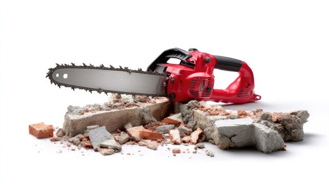 Demolition Power: A powerful chainsaw rests atop a fragmented pile of bricks and rubble, symbolizing the force of destruction and renovation.