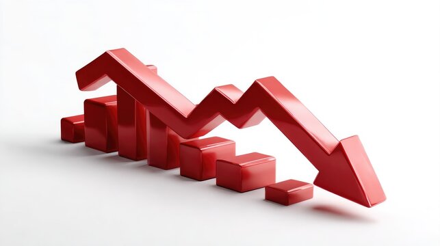 Decline and Downturn: A symbolic depiction of financial downturn, the image highlights a downward trend marked by a bold red arrow and falling bars, signifying economic contraction and crisis.