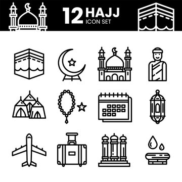 12 Line Icon Set Vector Collection &ndash; Kaaba, Mosque, Pilgrim Ihram, Mina Tent, Tasbih, Crescent Moon & Hajj Travel Elements