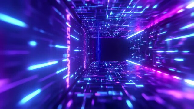 A futuristic tunnel of neon blue and purple lights, with a digital grid