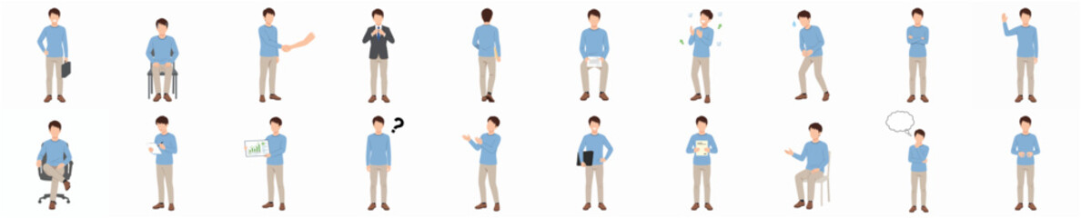 Obraz premium Illustrated Flat Style Businessman Character Poses and Gestures Diverse Set Illustration
