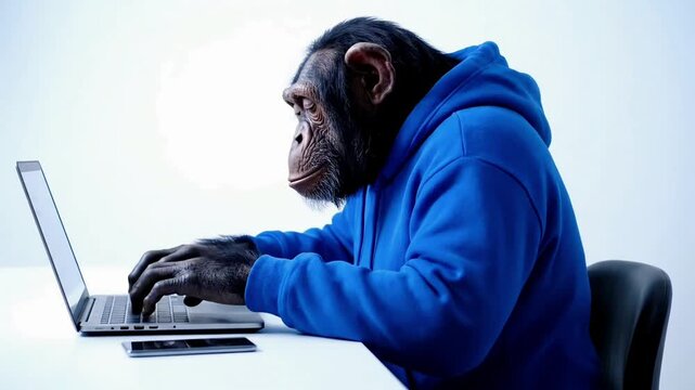 Chimpanzee Working Laptop Blue Hoodie