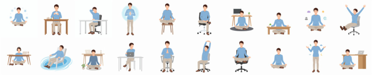 Obraz premium Flat Style Illustration of Office Worker Practicing Mindfulness and Relaxation Pose Set