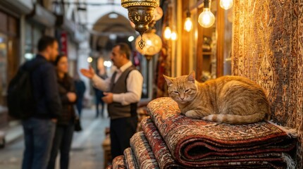 Fototapeta premium Relaxed orange tabby cat on vibrant persian rugs in bustling middle eastern bazaar setting
