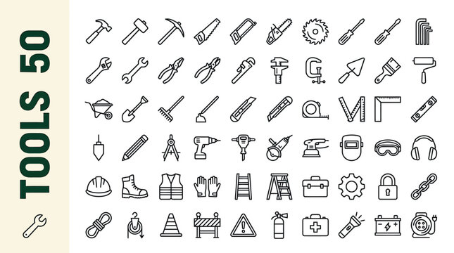 Fifty assorted construction and repair tools are displayed in a grid format with accompanying text labels for easy identification.
