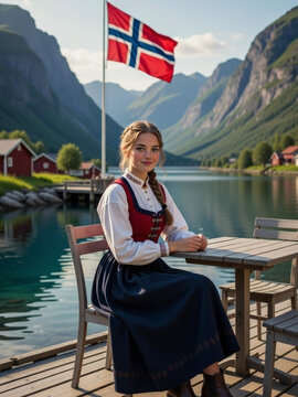 Young woman in traditional Norwegian bunad sits by a serene lake.