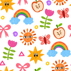 Naklejka premium Crayon kids seamless pattern. Hand drawn funky background with rainbow, sun, flowers, apple, butterfly and stars. Kindergarten funny wax simple doodle vector design for fabric, wallpaper. 