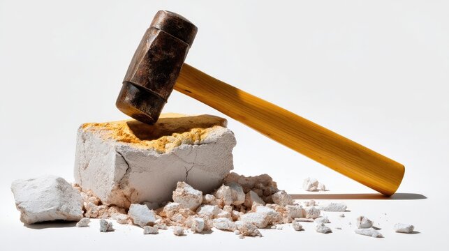 Hammer's Impact: A weathered hammer delivers a decisive blow to a stone, shattering it into pieces. A visual metaphor for demolition or destruction.