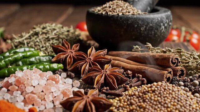 Assortment of colorful spices and herbs arranged on a wooden board, culinary ingredients