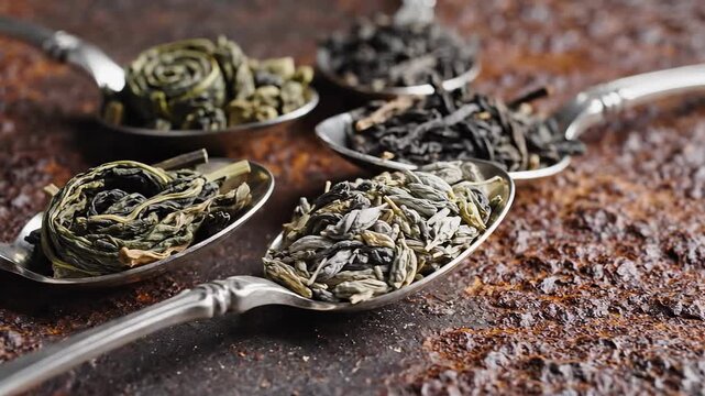 Assortment of loose leaf teas in antique spoons on rustic textured surface