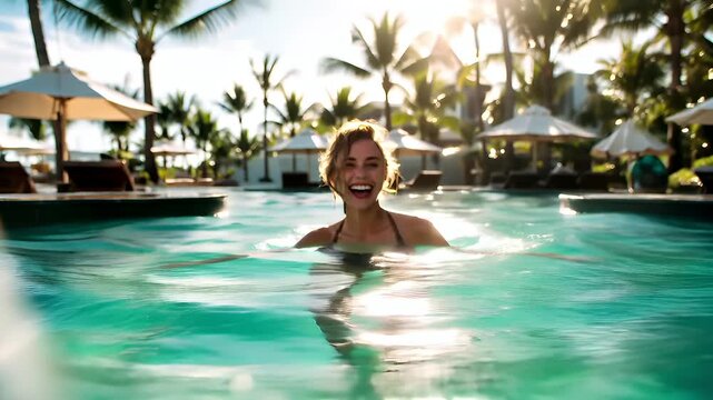 Therapy stress release treatment, health lifestyle. A woman in a bikini joyfully swimming in a pool surrounded by lush palm trees, umbrellas, and a clear blue sky illuminated by the sun.