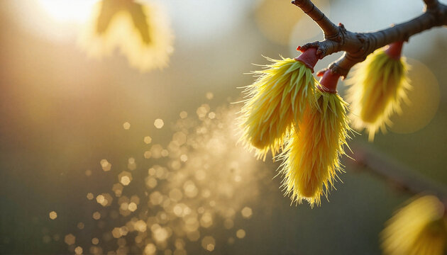 Golden Tree Catkins Releasing Pollen &ndash; Spring Allergy Concept