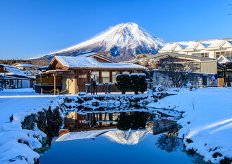 忍野村から富士山と雪景色