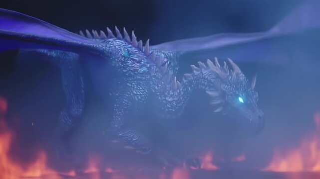 A majestic, bluish dragon in flight, with glowing eyes, surrounded by mist and fire