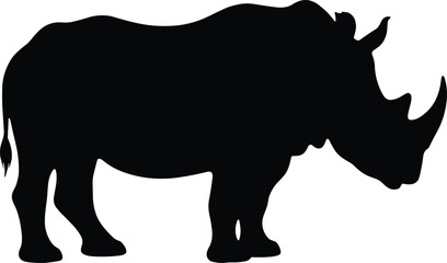 Black vector silhouette of a large rhinoceros standing in profile for African safari wildlife nature conservation zoo education and environmental protection design concepts © Ariful