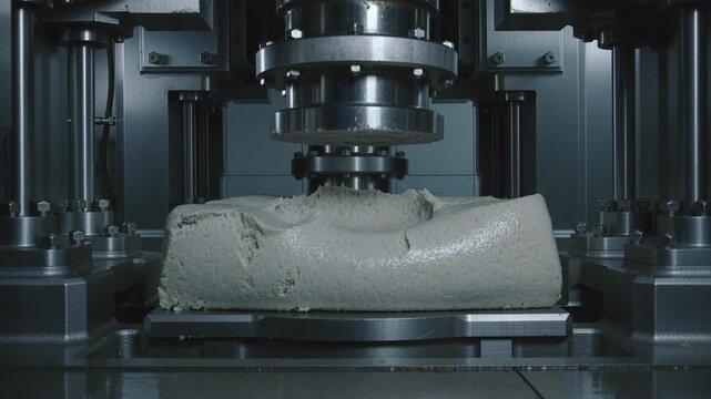 Hydraulic press compressing a lightweight concrete block, demonstrating extreme force and material compression.