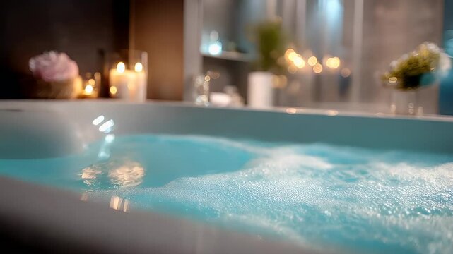 Therapy stress release treatment, health lifestyle. A luxurious indoor jacuzzi tub filled with water, illuminated by ambient lighting, surrounded by candles and a blurred background.