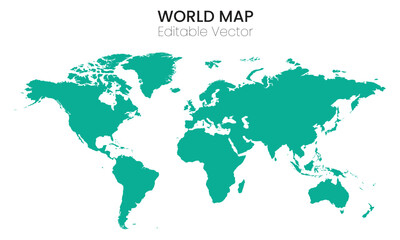 World Map Teal Color on White Background Global Continents Political Outline