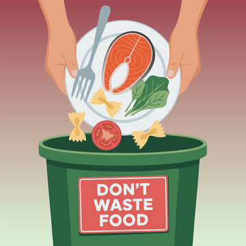 Dont waste food poster. Hands throwing away food from plate into garbage bin. International Day of Awareness of Food Loss and Waste, leftover disposal, recycling concept banner vector illustration
