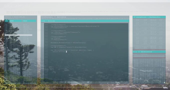 Transparent overlay sliding in, central terminal filling with code and logs updating to show status