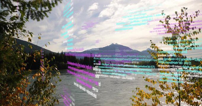 Cyan magenta white code bands emerging from edges sweeping and layering across river showing flow