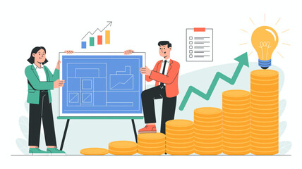 Business professionals reviewing financial blueprint with stacked coins and rising growth chart vector illustration
