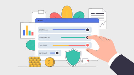 Business team planning budget allocation with financial board divided into marketing, operations, salaries and savings vector illustration
