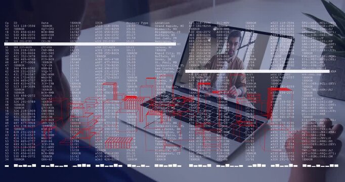 Woman watching as speaker talking, HUD expanding across laptop while tapping phone for analytics