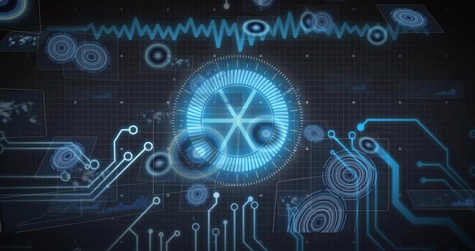 Glowing central hub initiating HUD, pulsing and rotating as ripples and circuits revealing status