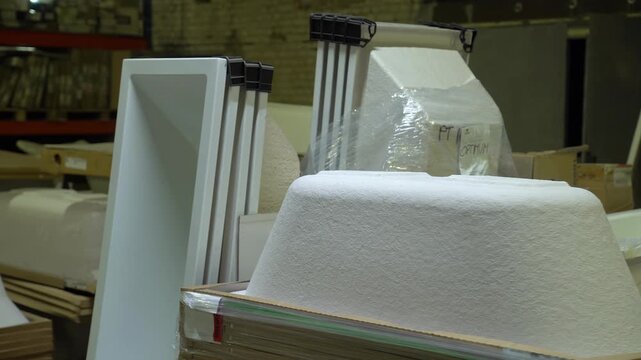 Wholesale Plumbing Warehouse inside. Plumbing Supply. Plumbing Materials and Supplies warehouse. Plumbing and Bathroom Supplies warehouse. Acrylic bathtubs, close-up
