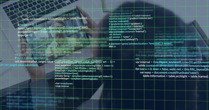 Woman holding phone above laptop and viewing phone call for tech review, causing green code overlay