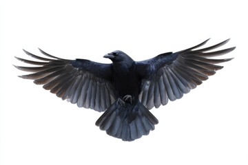 Obraz premium Majestic raven in flight with wings fully spread against white background