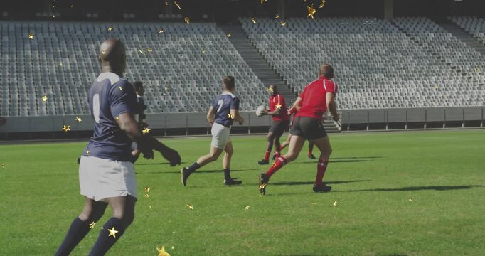 Navy #9 tracking rugby play as red carrier initiating pass, blocking lanes, gold stars drifting