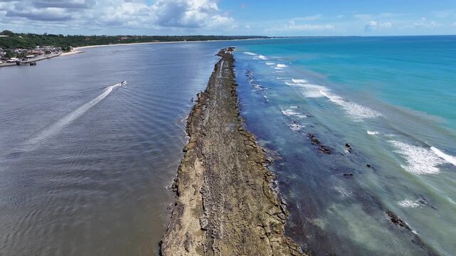 Porto Seguro Skyline At Porto Seguro In Bahia Brazil. Beach Landscape. Beautiful Coastline. Travel Destination. Porto Seguro Skyline In Porto Seguro In Brazil. Mangrove Sand Bank. Brazil Northeast.