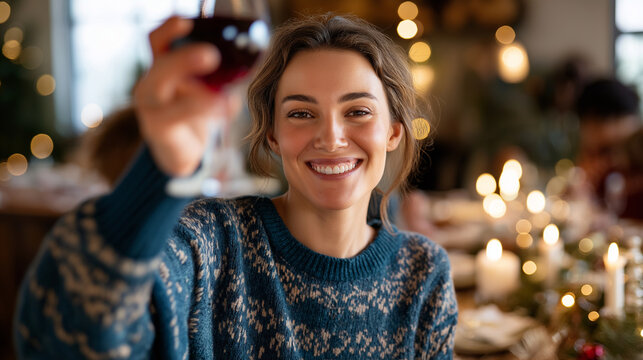 Happy faceless woman in festive sweater raising wine glass in cheerful toast during intimate dinner party with close friends looking toward camera celebration gathering around