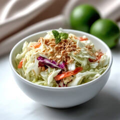 Asian slaw bowl with cabbage, carrot, red pepper, toasted sesame, peanut, fresh mint, and lime on white table