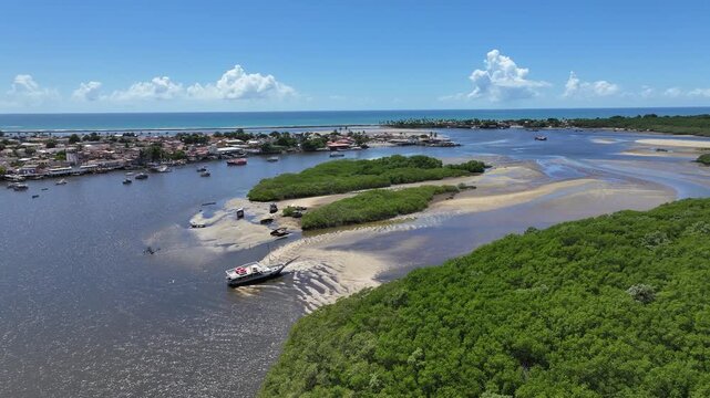 Porto Seguro Skyline At Porto Seguro In Bahia Brazil. Beach Landscape. Beautiful Coastline. Travel Destination. Porto Seguro Skyline In Porto Seguro In Brazil. Mangrove Sand Bank. Brazil Northeast.