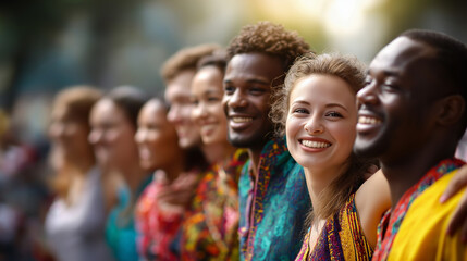 Obraz premium Diverse faceless group dressed in vibrant traditional cultural attire enjoying joyful togetherness outdoors at heritage celebration national cultural festival atmosphere