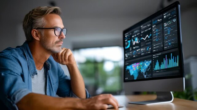Professional businessman studies interactive data visualizations and charts on a desktop screen, reflecting advanced analytics. Contemporary workspace emphasizes technology and digital transformation