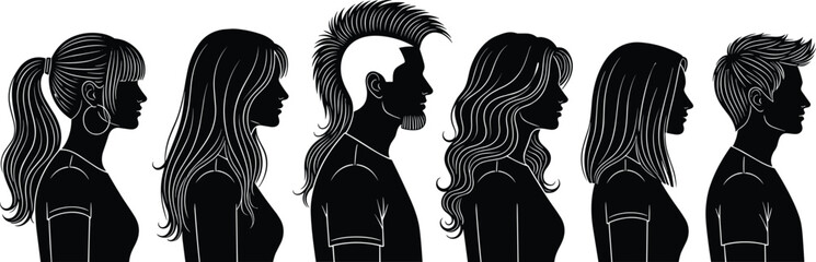 Men and women hairstyle silhouette collection vector illustration, diverse haircuts profile portraits, black and white fashion design set © MstMousumi