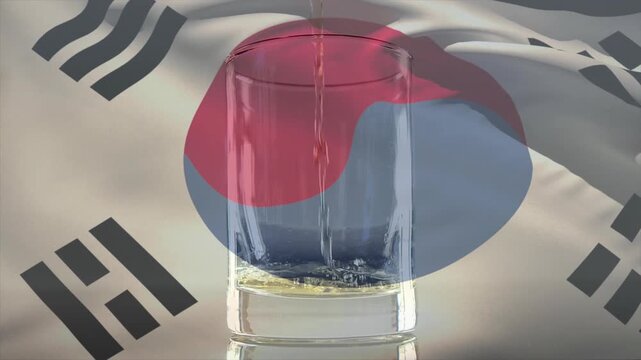 Stream pouring, glass filling, oil layer forming, bubbling, Korean flag shifting, showing split