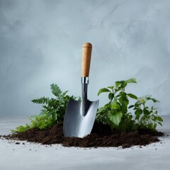 Garden spade in soil with green plants against gray background